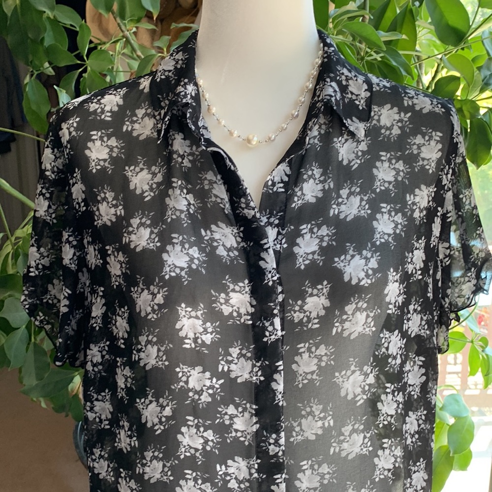 Coldwater Creek Sheer Black Floral Top Sz XL / 16